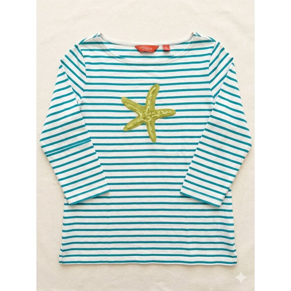 Tommy Bahama Relax Women's Striped 3/4 Sleeve Top with Sequin Starfish